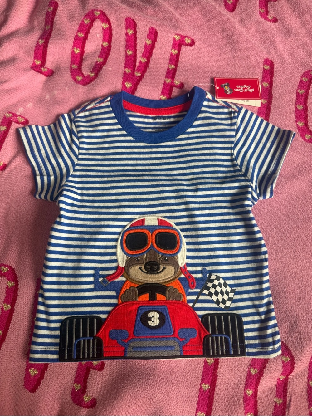 Gymboree Blue & White Striped Tee with Red Race Car Applique NWT